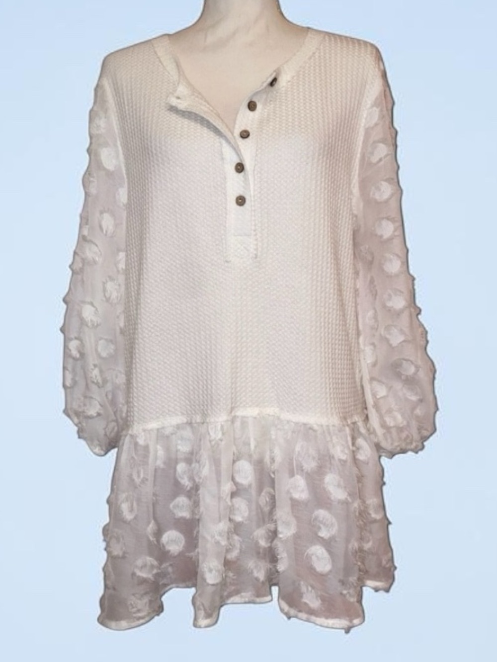JODIFL Boho Farmgirl Ruffled Blouse Waffle Knit in White Size Medium